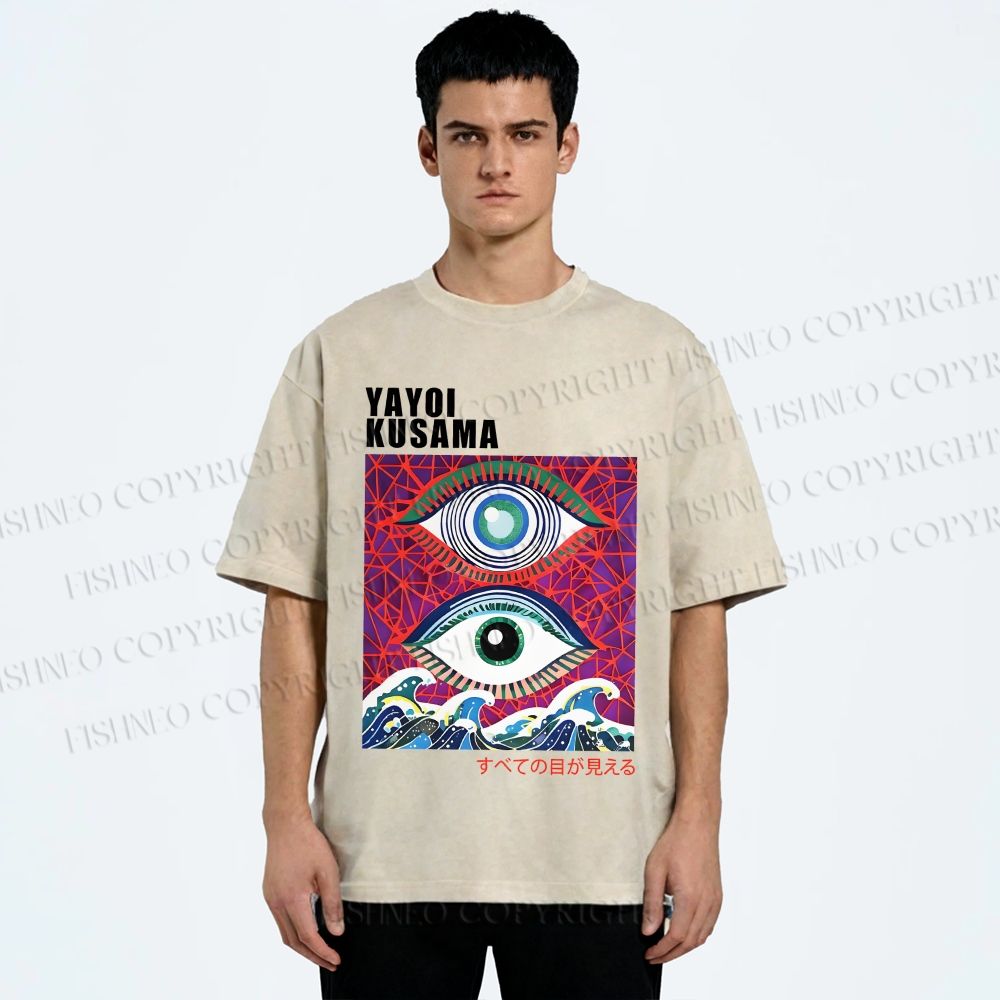 Unisex Yayoi Kusama Wave Art Eyes Printed Washed Tee