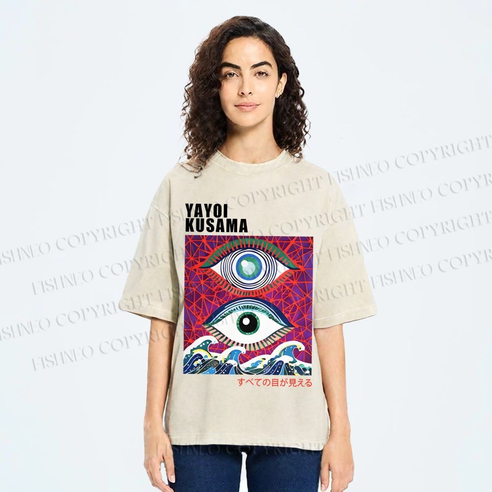 Unisex Yayoi Kusama Wave Art Eyes Printed Washed Tee