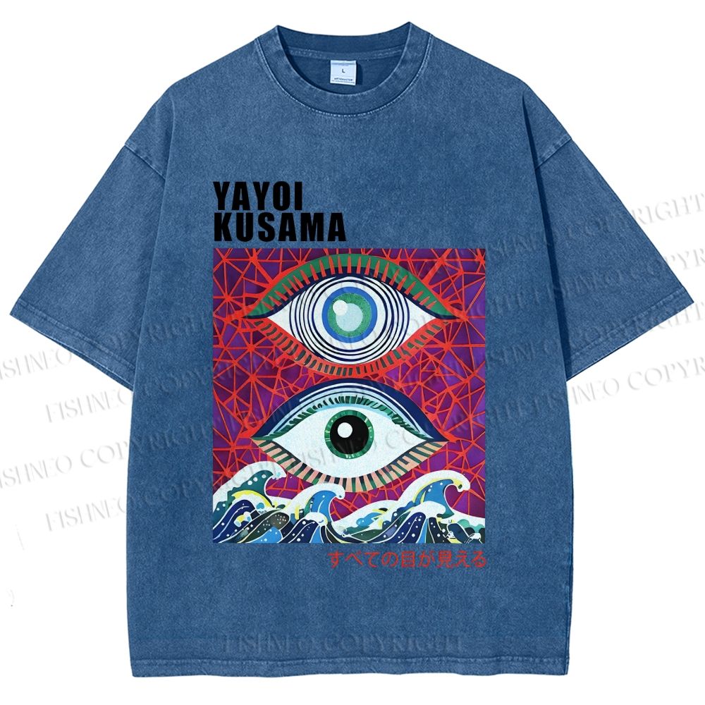 Unisex Yayoi Kusama Wave Art Eyes Printed Washed Tee