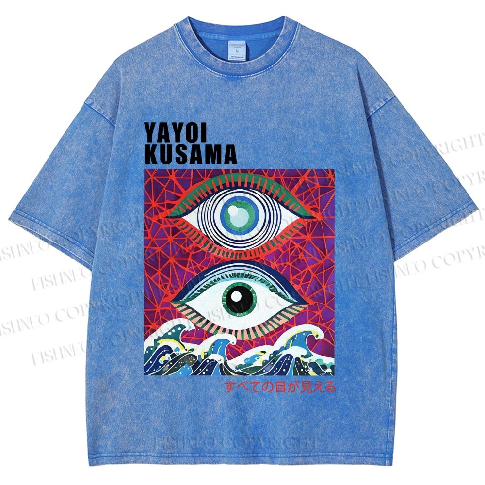 Unisex Yayoi Kusama Wave Art Eyes Printed Washed Tee