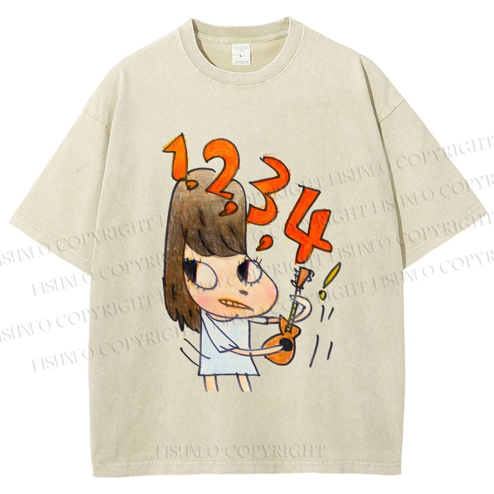 Unisex Yoshitomo Nara Guitar Girl Printed Washed Tee