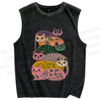 Unisex Floral Cats Printed Washed Tank Top