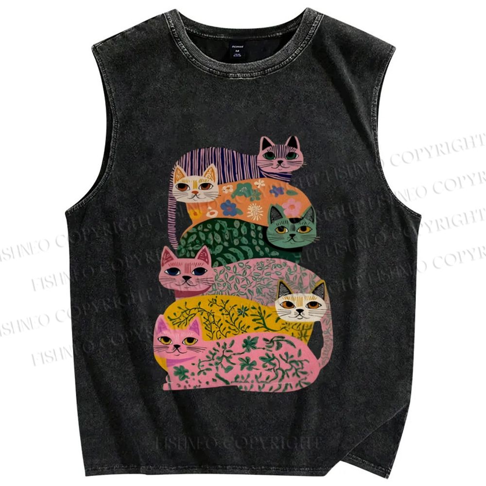 Unisex Floral Cats Printed Washed Tank Top