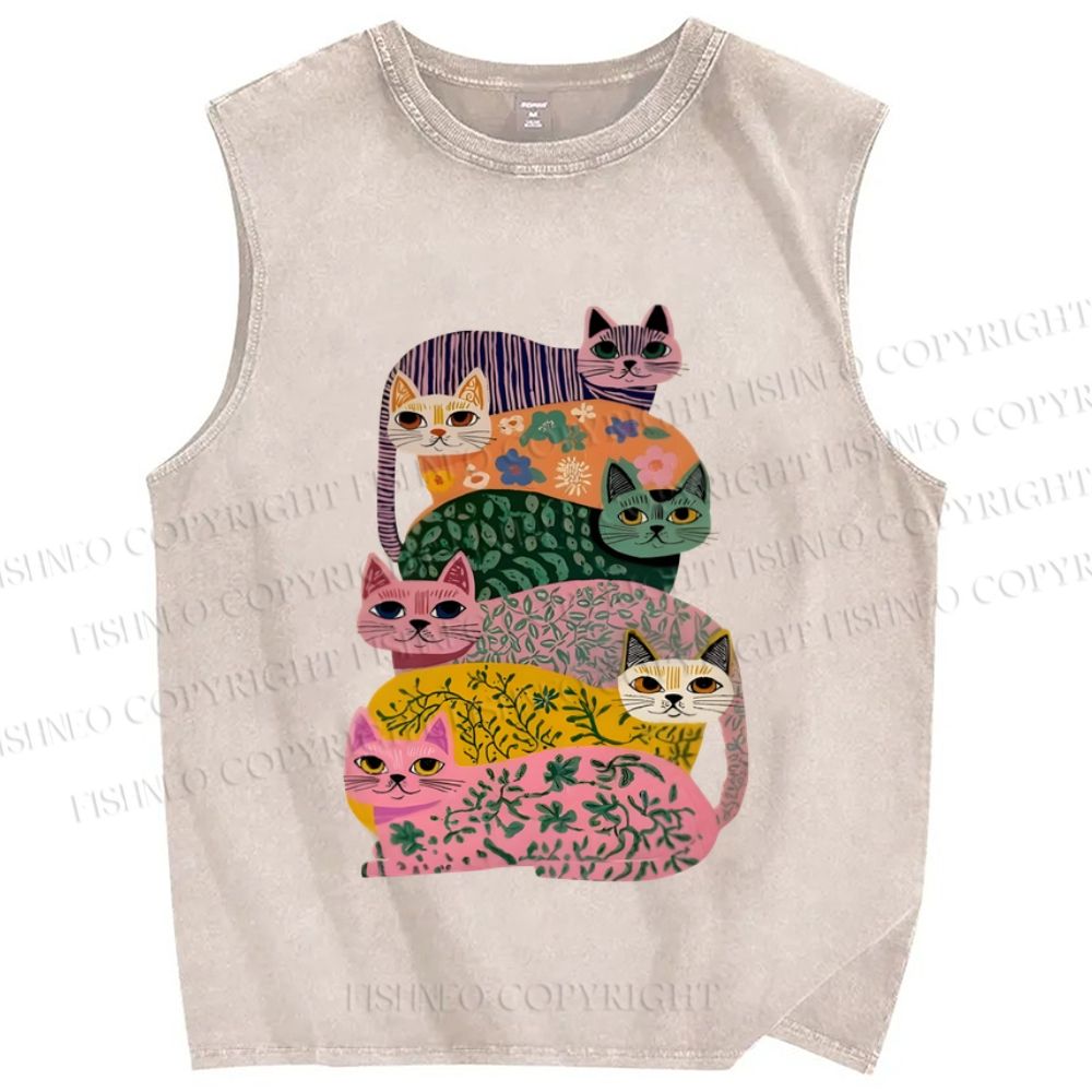 Unisex Floral Cats Printed Washed Tank Top