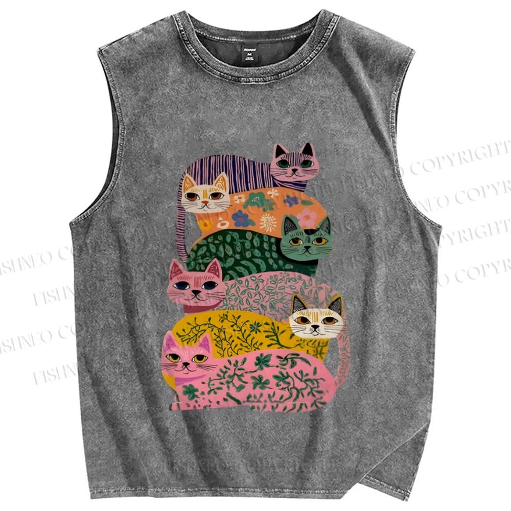 Unisex Floral Cats Printed Washed Tank Top