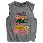 Unisex Floral Cats Printed Washed Tank Top