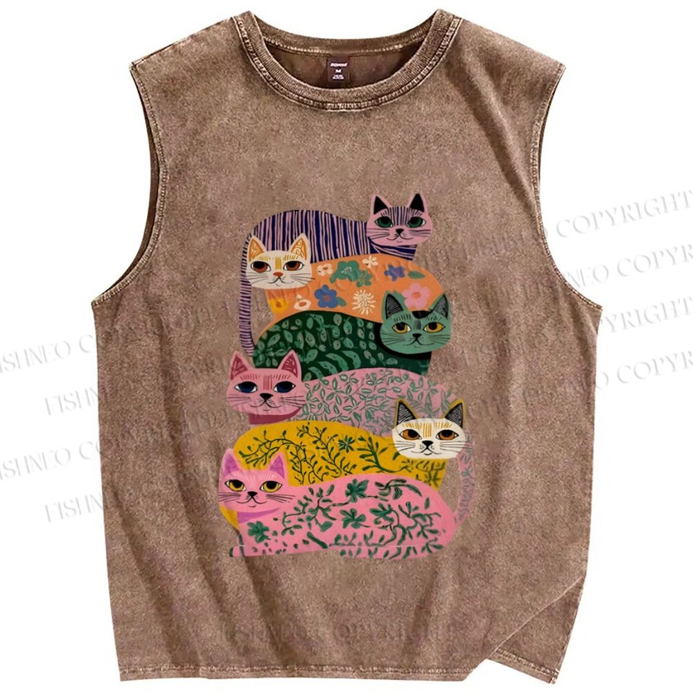Unisex Floral Cats Printed Washed Tank Top