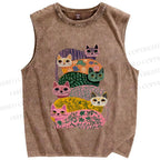 Unisex Floral Cats Printed Washed Tank Top