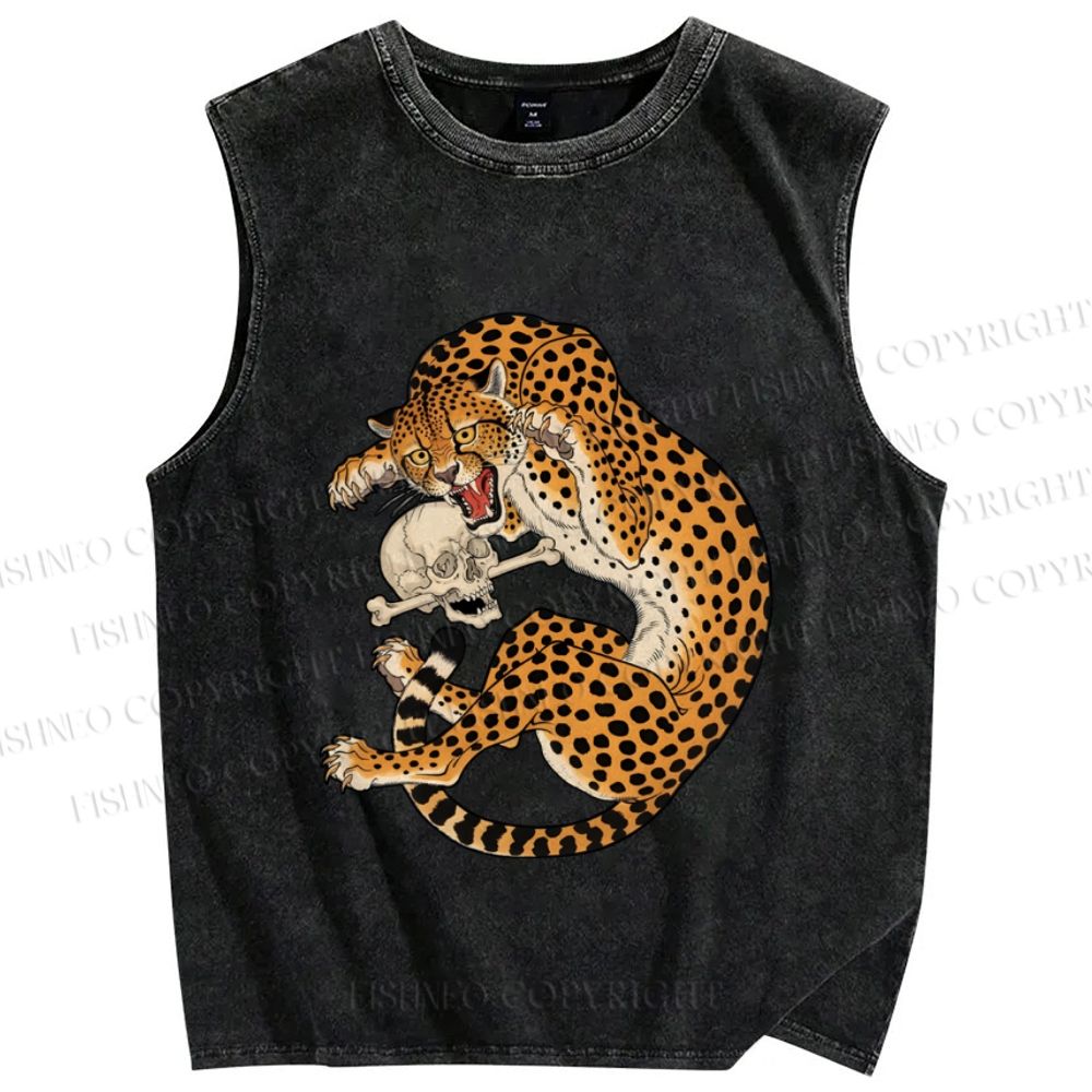 Unisex Ukiyo-e Style Panther With Skull Printed Washed Tank Top