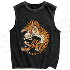 Unisex Ukiyo-e Style Panther With Skull Printed Washed Tank Top