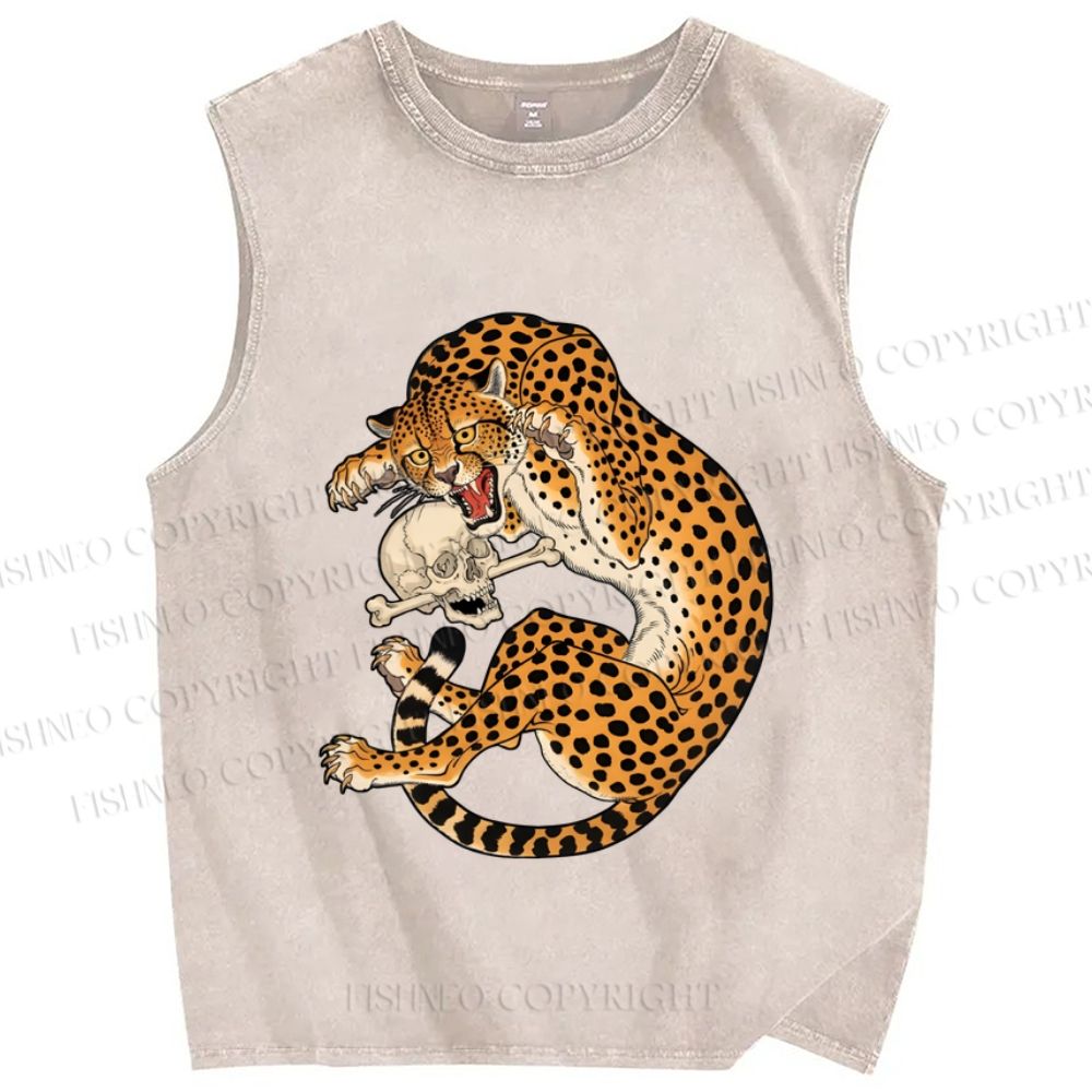 Unisex Ukiyo-e Style Panther With Skull Printed Washed Tank Top