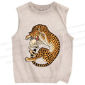 Unisex Ukiyo-e Style Panther With Skull Printed Washed Tank Top