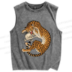 Unisex Ukiyo-e Style Panther With Skull Printed Washed Tank Top