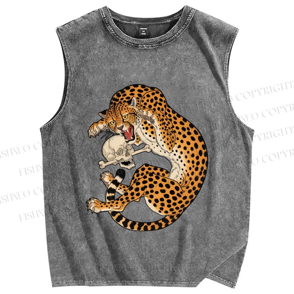 Unisex Ukiyo-e Style Panther With Skull Printed Washed Tank Top