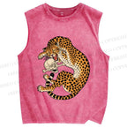 Unisex Ukiyo-e Style Panther With Skull Printed Washed Tank Top