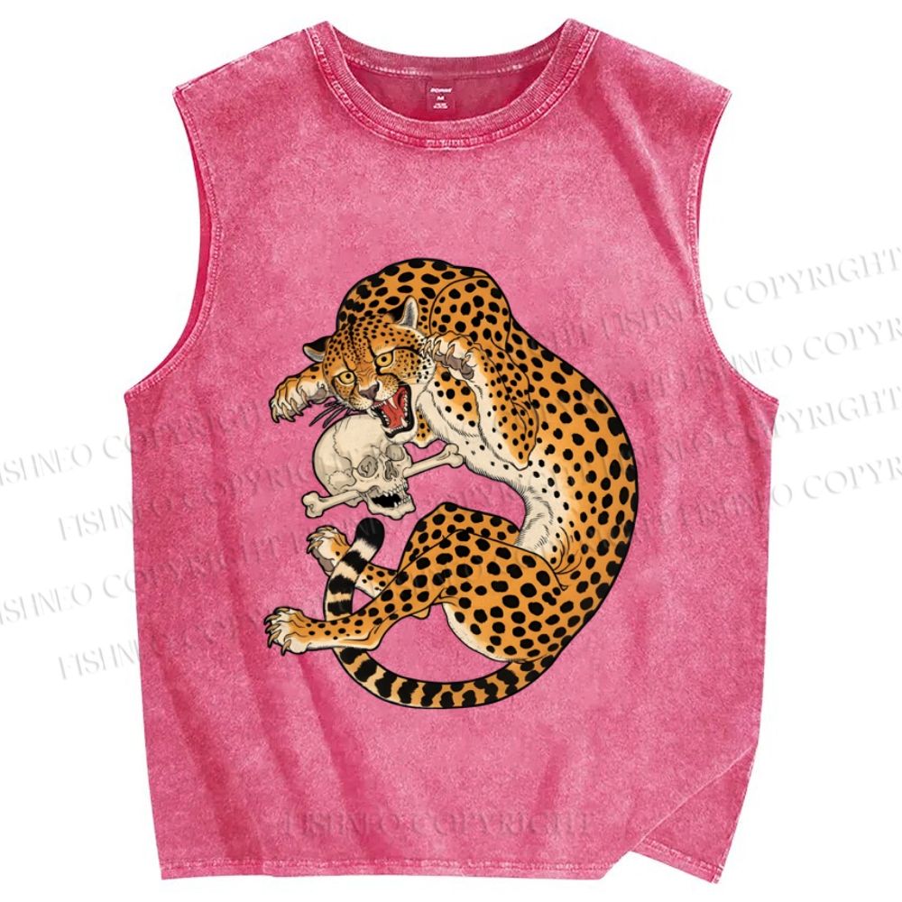Unisex Ukiyo-e Style Panther With Skull Printed Washed Tank Top