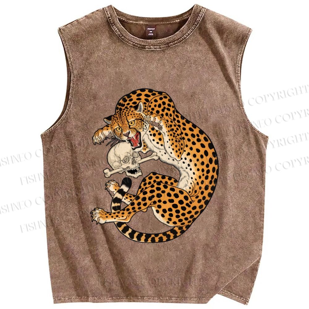 Unisex Ukiyo-e Style Panther With Skull Printed Washed Tank Top