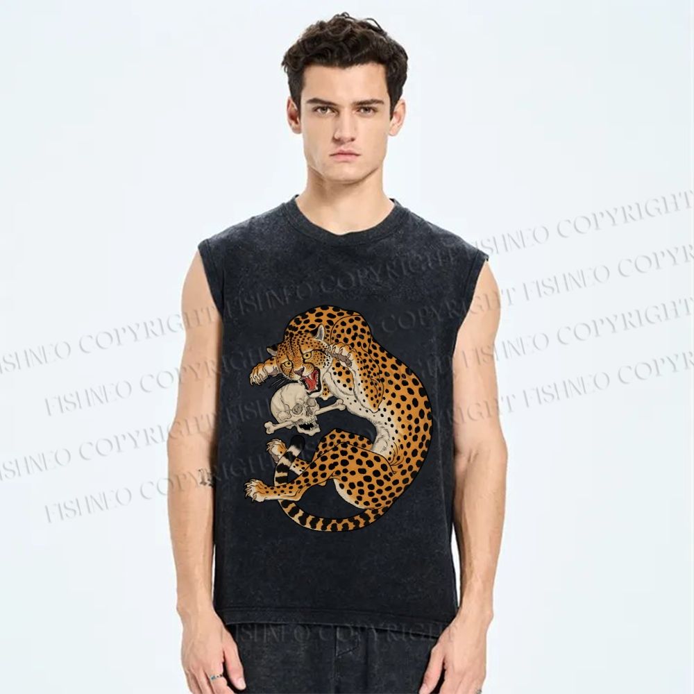 Unisex Ukiyo-e Style Panther With Skull Printed Washed Tank Top