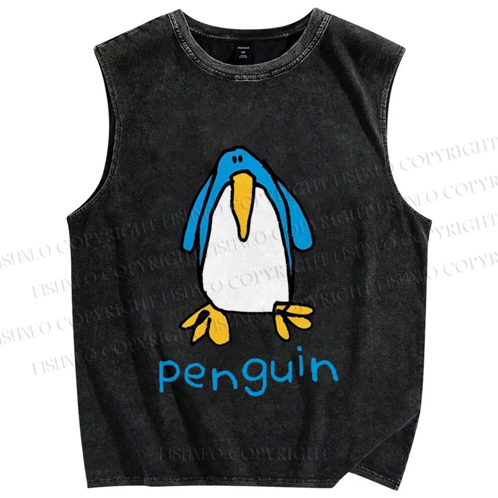 Unisex Silly Blue Penguin Printed Washed Tank Top