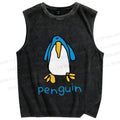 Unisex Silly Blue Penguin Printed Washed Tank Top