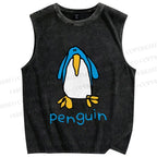 Unisex Silly Blue Penguin Printed Washed Tank Top