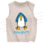 Unisex Silly Blue Penguin Printed Washed Tank Top