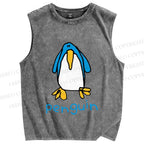 Unisex Silly Blue Penguin Printed Washed Tank Top