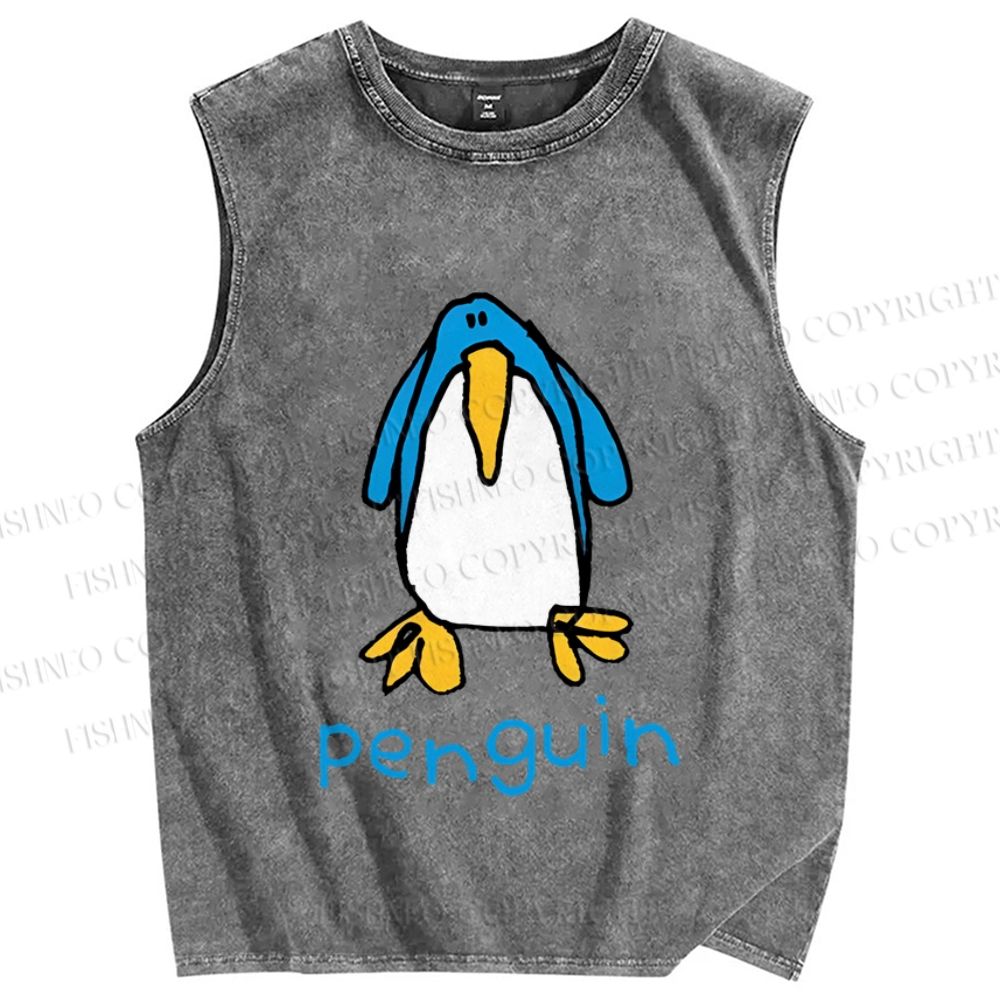 Unisex Silly Blue Penguin Printed Washed Tank Top