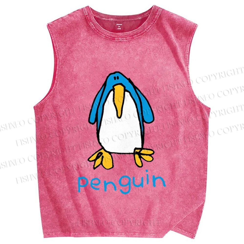 Unisex Silly Blue Penguin Printed Washed Tank Top