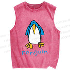 Unisex Silly Blue Penguin Printed Washed Tank Top
