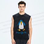 Unisex Silly Blue Penguin Printed Washed Tank Top