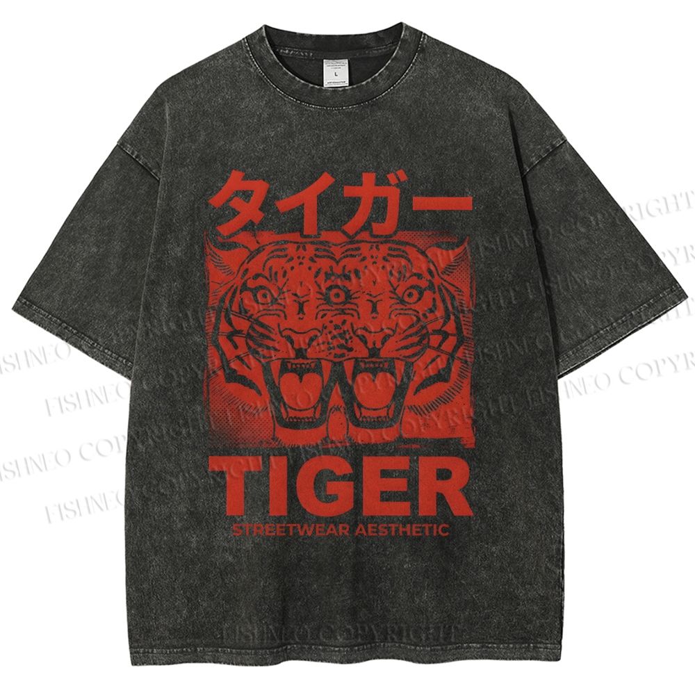 Unisex Patchwork Tiger Printed Washed Tee