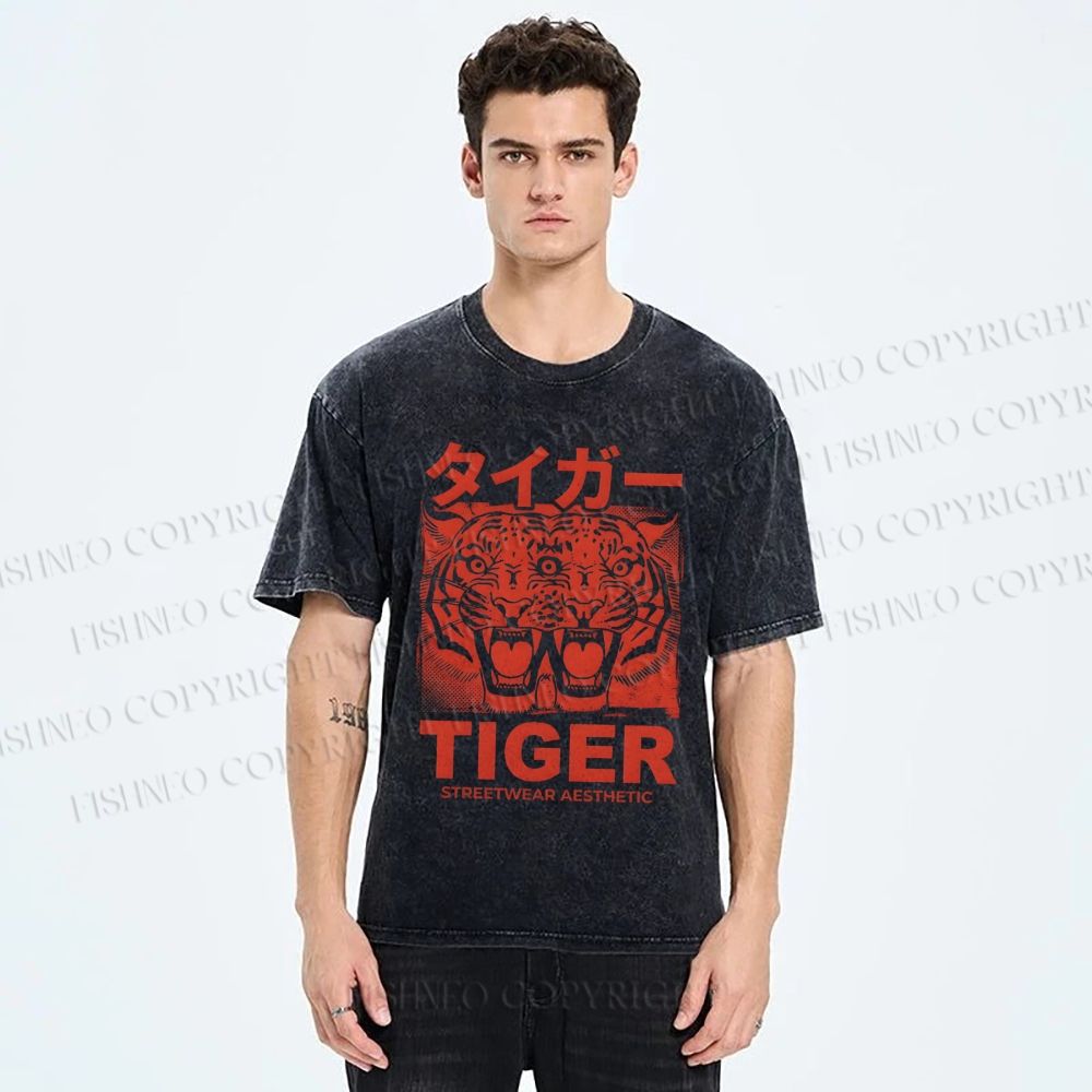 Unisex Patchwork Tiger Printed Washed Tee