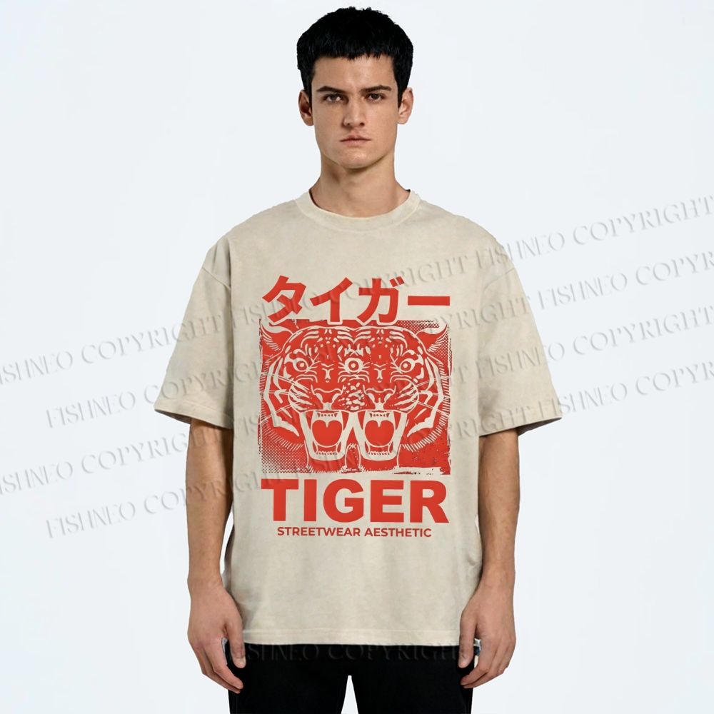 Unisex Patchwork Tiger Printed Washed Tee
