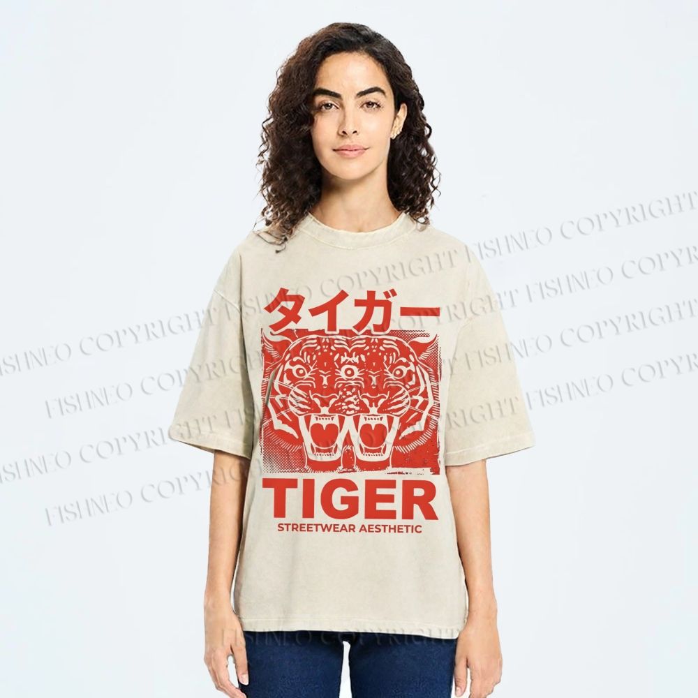 Unisex Patchwork Tiger Printed Washed Tee