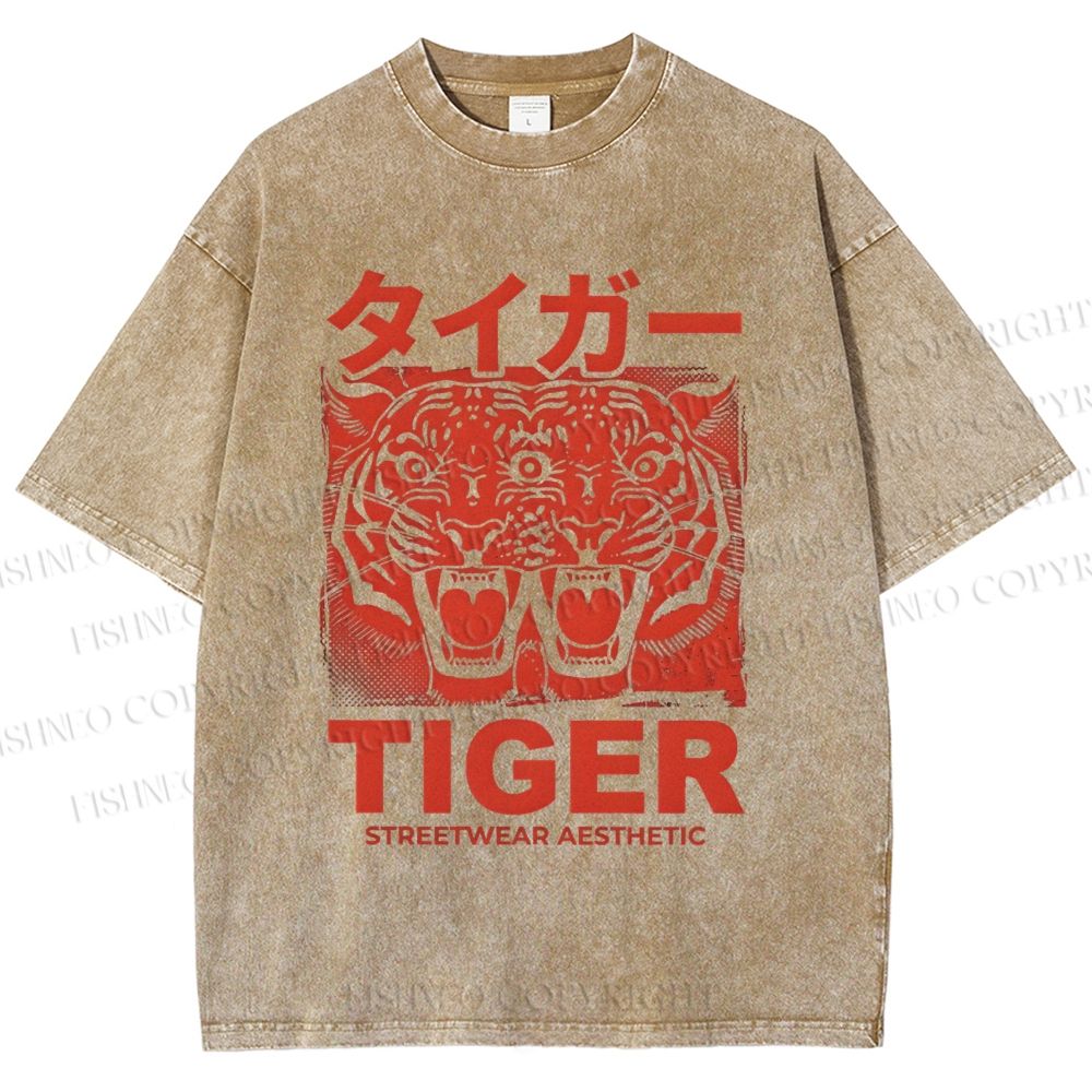 Unisex Patchwork Tiger Printed Washed Tee