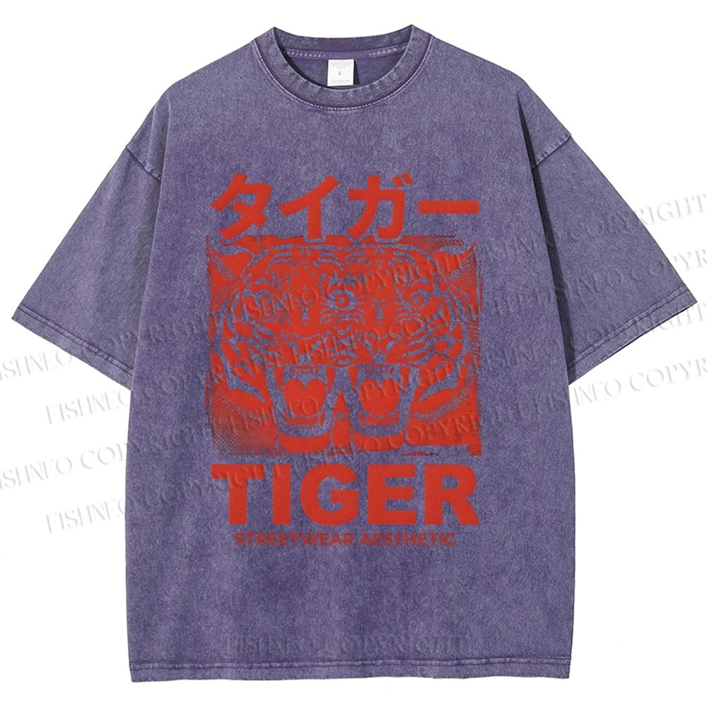 Unisex Patchwork Tiger Printed Washed Tee
