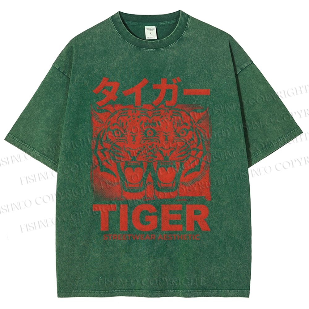 Unisex Patchwork Tiger Printed Washed Tee