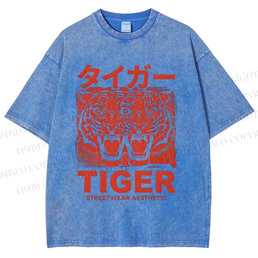 Unisex Patchwork Tiger Printed Washed Tee
