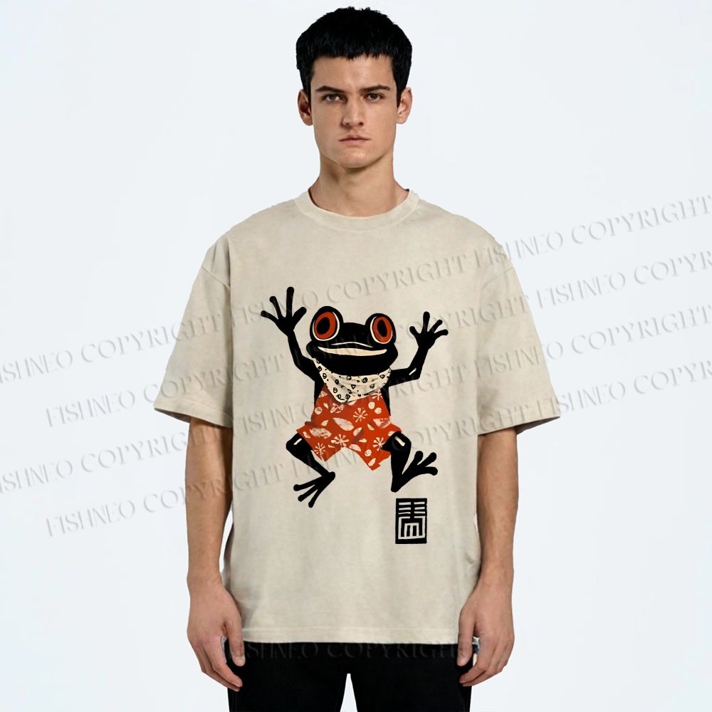Unisex Party Frog Printed Washed Tee