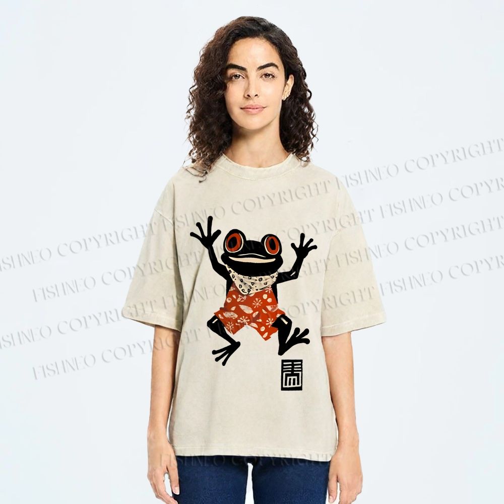 Unisex Party Frog Printed Washed Tee