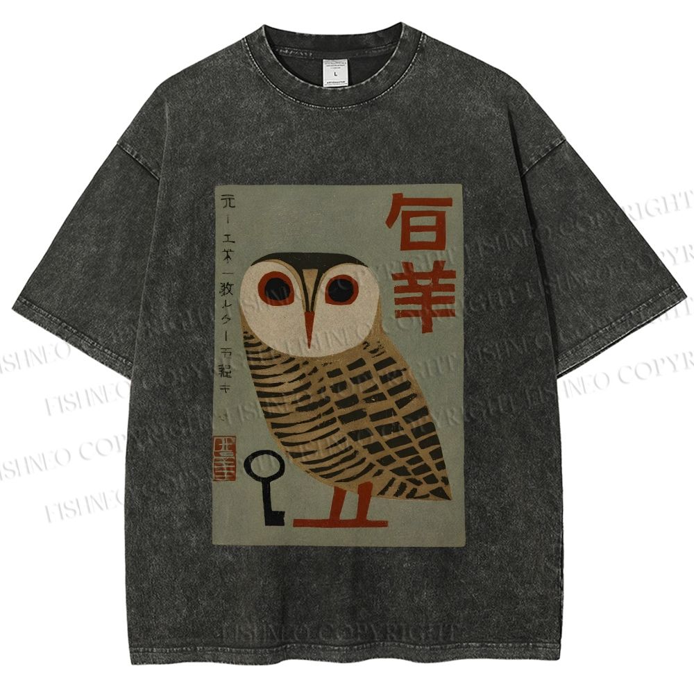 Unisex Vintage Japanese Owl Printed Washed Tee