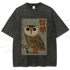 Unisex Vintage Japanese Owl Printed Washed Tee