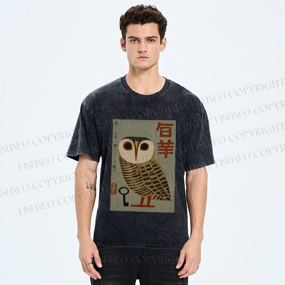 Unisex Vintage Japanese Owl Printed Washed Tee