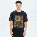 Unisex Vintage Japanese Owl Printed Washed Tee