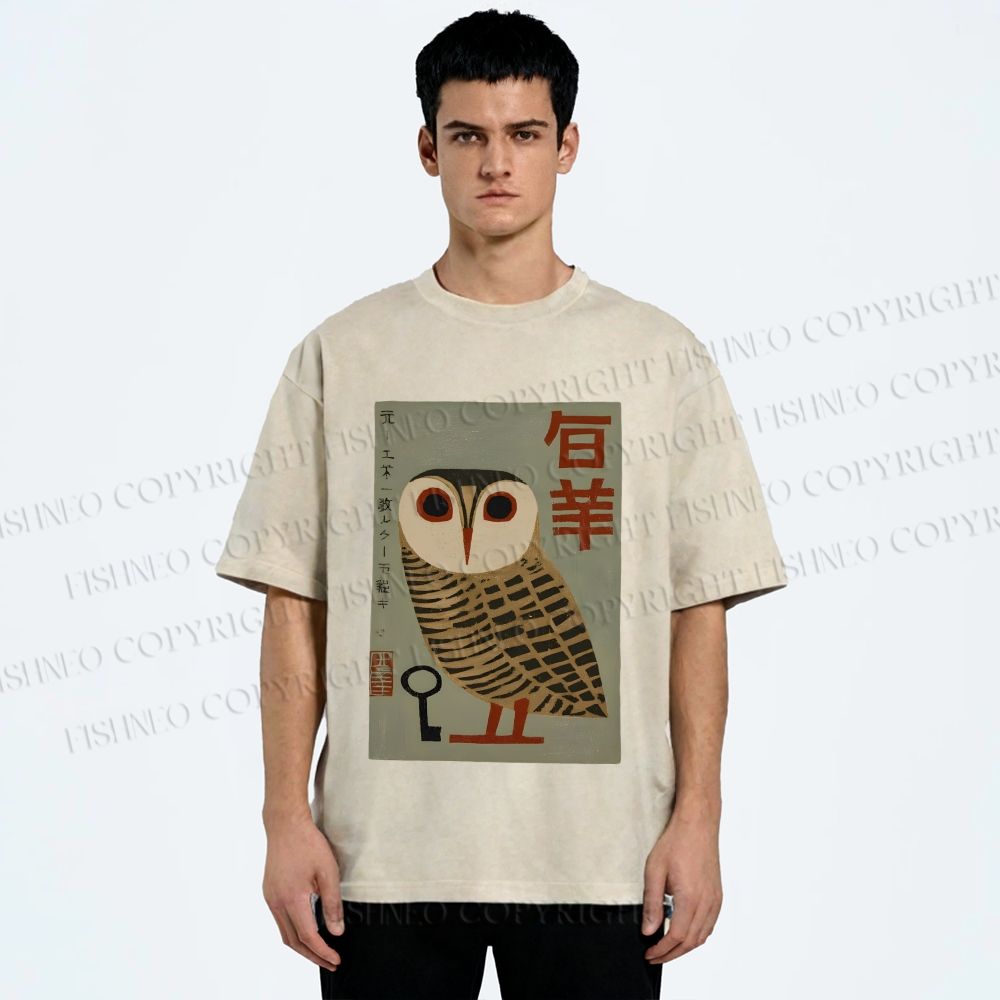 Unisex Vintage Japanese Owl Printed Washed Tee