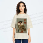 Unisex Vintage Japanese Owl Printed Washed Tee