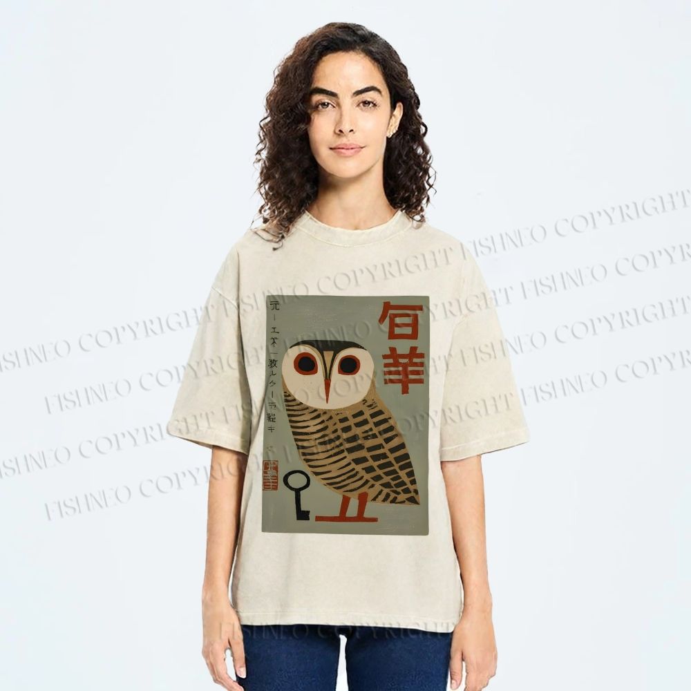 Unisex Vintage Japanese Owl Printed Washed Tee