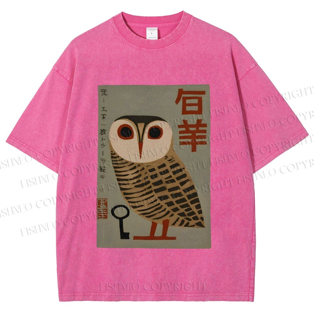 Unisex Vintage Japanese Owl Printed Washed Tee