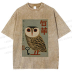 Unisex Vintage Japanese Owl Printed Washed Tee